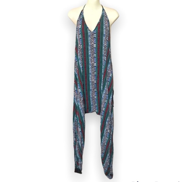 Buddha Pants Pants - Buddha Pants Catsuit Striped Geometric Halter Jumpsuit Small Medium